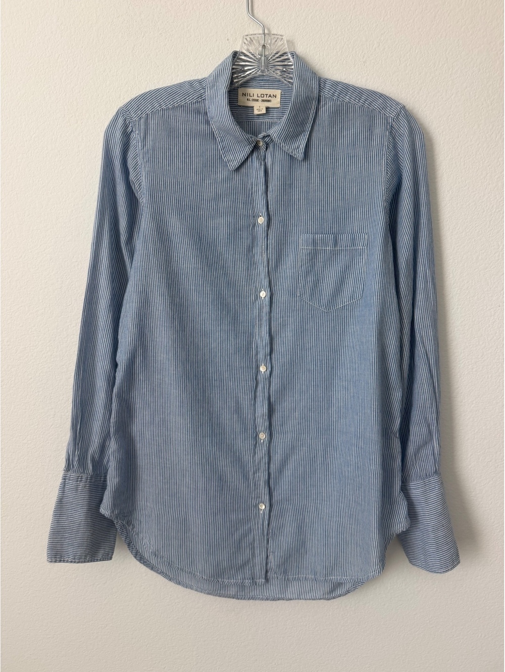 Nili Lotan Blue/White Striped Long Sleeve Button Up 100% Cotton Shirt Size S